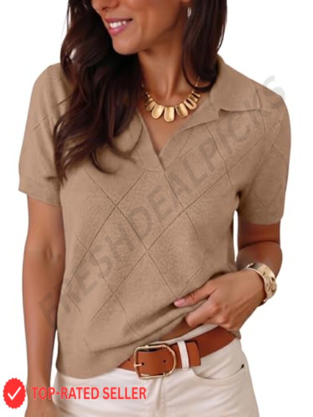 Short Sleeve V Neck Polo Collar Sweater Pointelle Knit Business Casual Work Top